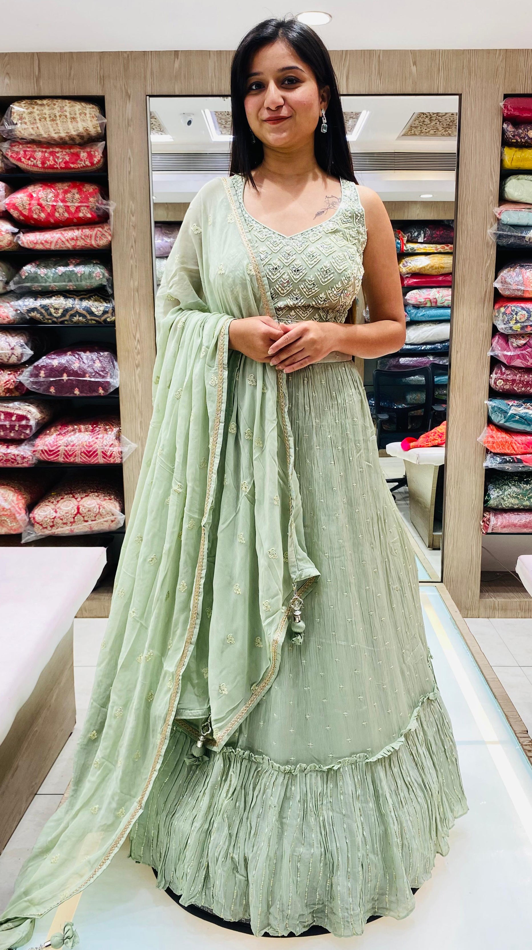 Pista Color Georgette Sequins Work Lehenga Choli